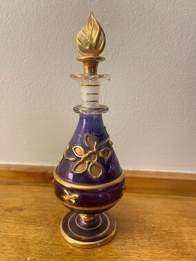 Vintage Egyptian Glass Perfume Bottle Fancy Gold Accent Hand Blown Boho Elegant